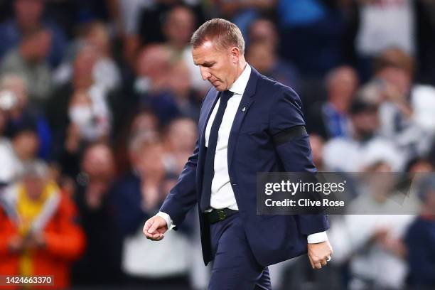 Brendan Rogers, Manager of Leicester City looks dejected following their sides defeat during the Premier League match between Tottenham Hotspur and...