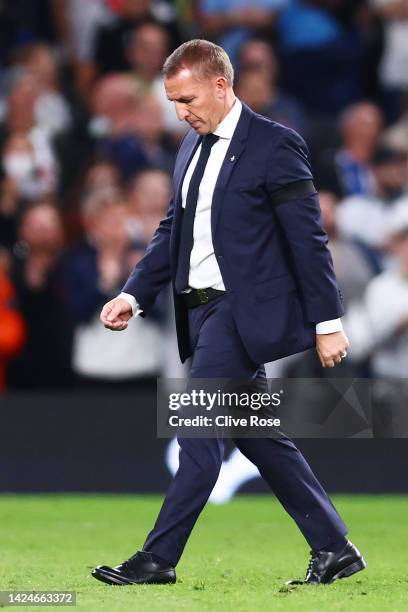 Brendan Rogers, Manager of Leicester City looks dejected following their sides defeat during the Premier League match between Tottenham Hotspur and...