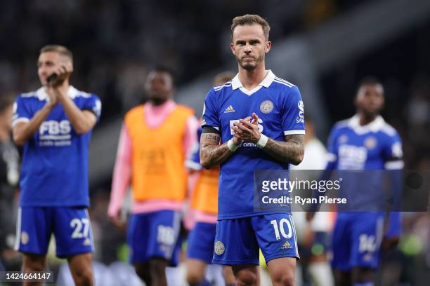 James Maddison of Leicester City applauds the fans after their sides defeat in the Premier League match between Tottenham Hotspur and Leicester City...