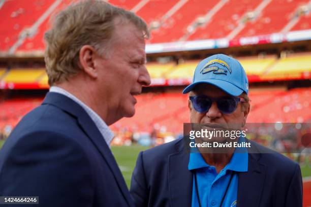 Los Angeles Chargers owner Dean Spanos speaks with NFL Commissioner Roger Goodell prior to the game between the Kansas City Chiefs and the Los...