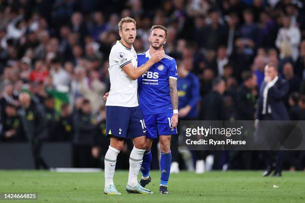 Harry Kane of Tottenham Hotspur and James Maddison of Leicester City embrace each other after the final whistle in the Premier League match between...