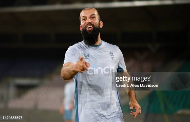 Moeen Ali of England reacts during a England Nets Session at the The National Stadium on September 17, 2022 in Karachi, Pakistan.