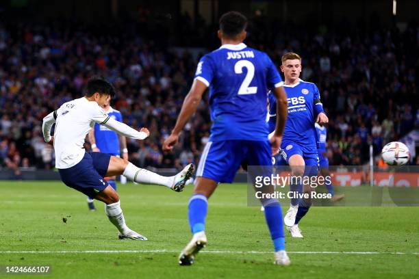 Son Heung-Min of Tottenham Hotspur scores their team's fifth goal during the Premier League match between Tottenham Hotspur and Leicester City at...