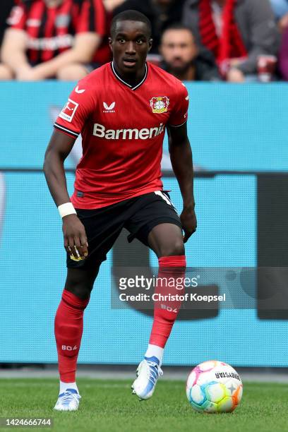 Moussa Diaby of Leverkusen runs with the ball during the Bundesliga match between Bayer 04 Leverkusen and SV Werder Bremen at BayArena on September...
