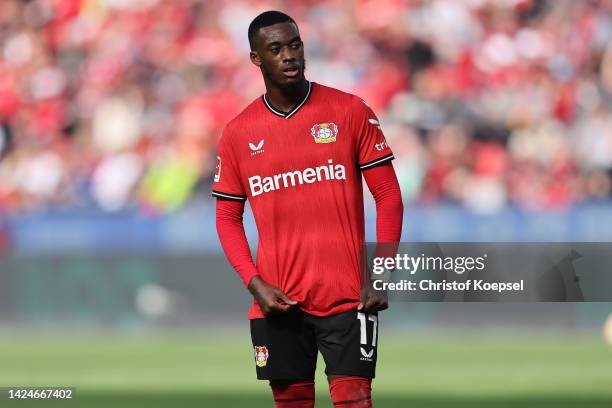 Callum Hudson-Odoi of Leverkusen looks on during the Bundesliga match between Bayer 04 Leverkusen and SV Werder Bremen at BayArena on September 17,...