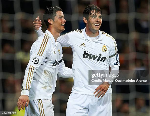 Cristiano Ronaldo of Real Madrid celebrates after scoring with his teammate Kaka during the UEFA Champions League quarter-final second leg match...