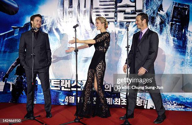 Taylor Kitsch, actress Brooklyn Decker and director Peter Burg attend the 'Battleship' South Korea Premiere at Coex Mega Box on April 5, 2012 in...