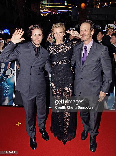 Actor Taylor Kitsch, actress Brooklyn Decker and director Peter Burg attend the 'Battleship' South Korea Premiere at Coex Mega Box on April 5, 2012...