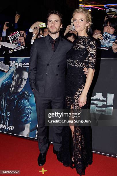 Actor Taylor Kitsch and actress Brooklyn Decker attend the 'Battleship' South Korea Premiere at Coex Mega Box on April 5, 2012 in Seoul, South Korea.