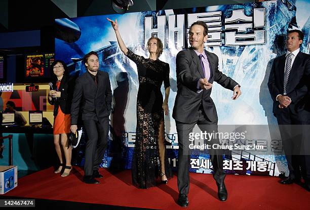 Taylor Kitsch, actress Brooklyn Decker and director Peter Burg attend the 'Battleship' South Korea Premiere at Coex Mega Box on April 5, 2012 in...