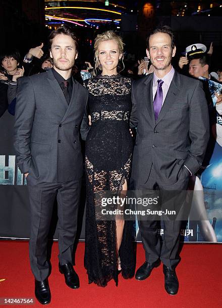 Actor Taylor Kitsch, actress Brooklyn Decker and director Peter Burg attend the 'Battleship' South Korea Premiere at Coex Mega Box on April 5, 2012...