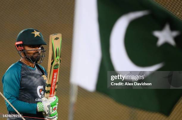 Babar Azam of Pakistan looks on during a Pakistan Nets Session at the The National Stadium on September 17, 2022 in Karachi, Pakistan.