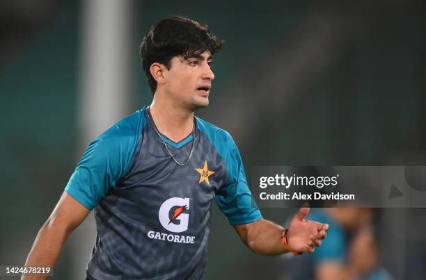 Naseem Shah of Pakistan looks on during a Pakistan Nets Session at the The National Stadium on September 17, 2022 in Karachi, Pakistan.