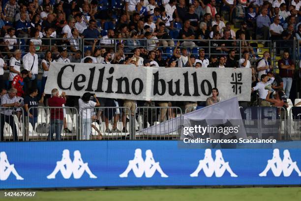 Brescia Calcio supporters display a banner against Brescia Calcio owner Massimo Cellino during a match between Brescia Calcio v Benevento Calcio -...