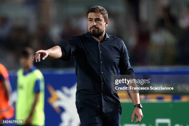 Head Coach Josep Clotet of Brescia Calcio gestures during a match between Brescia Calcio v Benevento Calcio - Serie B at Stadio Mario Rigamonti on...