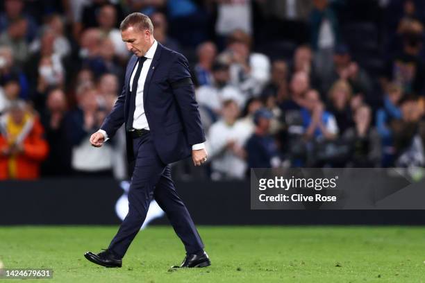 Brendan Rogers, Manager of Leicester City looks dejected following their sides defeat during the Premier League match between Tottenham Hotspur and...
