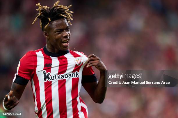 Nico Williams Jr of Athletic Club celebrates after scoring his team's third goal during the LaLiga Santander match between Athletic Club and Rayo...