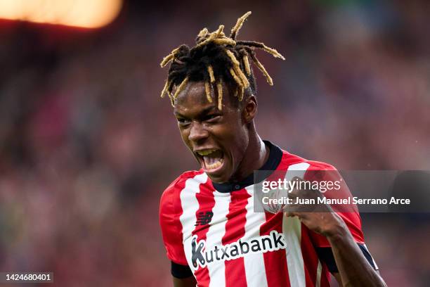 Nico Williams Jr of Athletic Club celebrates after scoring his team's third goal during the LaLiga Santander match between Athletic Club and Rayo...