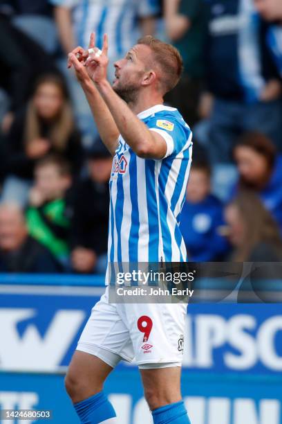 Jordan Rhodes of Huddersfield Town celebrates scoring the winning goal during the Sky Bet Championship game between Huddersfield Town and Cardiff...