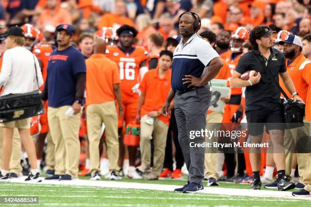Head Coach Dino Babers of the Syracuse Orange looks on during the fourth quarter against the Purdue Boilermakers at JMA Wireless Dome on September...