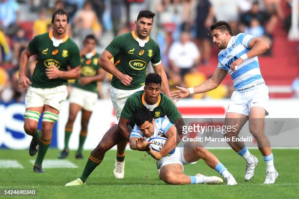 Matias Moroni of Argentina is tackled Canan Moodie of South Africa during a Rugby Championship match between Argentina Pumas and South Africa...