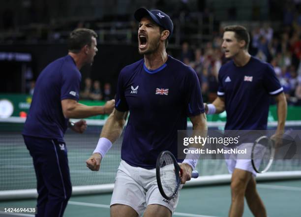 Andy Murray of Great Britain celebrates as he wins the second set with playing partner Joe Salisbury of Great Britain during the Davis Cup Group D...