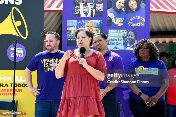 David Broder of SEIU Virginia 512, State Senator Jennifer McClellan, Jaime Contreras of 32BJ, and Fairfax Union President Tammie Wongdong of SEIU...