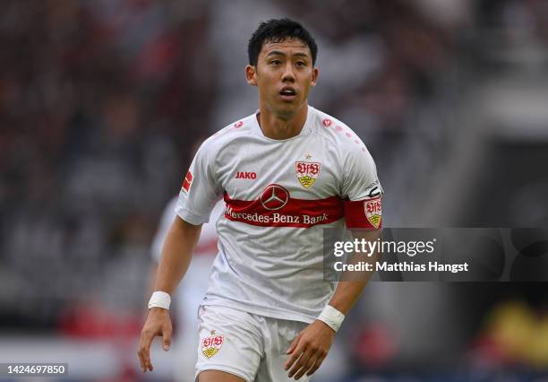 Wataru Endo of VfB Stuttgart in action during the Bundesliga match between VfB Stuttgart and Eintracht Frankfurt at Mercedes-Benz Arena on September...