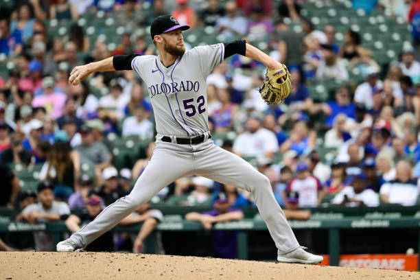 Daniel Bard of the Colorado Rockies delivers the baseball in the ninth inning against the Chicago Cubs at Wrigley Field on September 17, 2022 in...