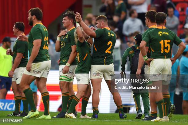 Malcolm Marx of South Africa celebrates with teammates after winning a Rugby Championship match between Argentina Pumas and South Africa Springboks...