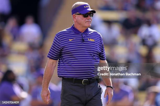 Head coach Brian Kelly of the LSU Tigers reacts before a game against the Mississippi State Bulldogs at Tiger Stadium on September 17, 2022 in Baton...