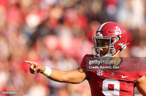 Bryce Young of the Alabama Crimson Tide reacts after passing for a touchdown against the Louisiana Monroe Warhawks during the second quarter at...