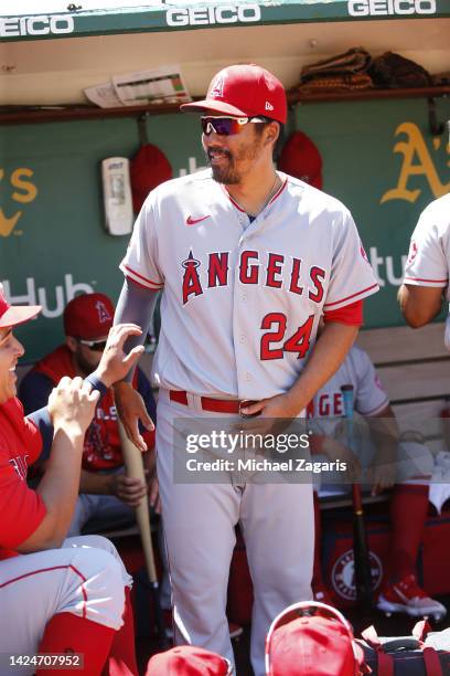 Kurt Suzuki of the Los Angeles Angels in the dugout during the game against the Oakland Athletics at RingCentral Coliseum on August 10, 2022 in...