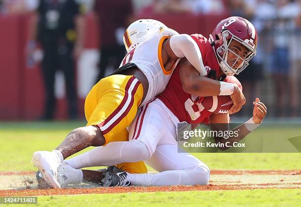 Lu Tillery of the Louisiana Monroe Warhawks sacks Bryce Young of the Alabama Crimson Tide during the second quarter at Bryant-Denny Stadium on...