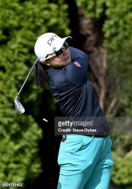 Ayako Uehara of Japan hits her tee shot on the eighth hole during round three of the AmazingCre Portland Classic at Columbia Edgewater Country Club...