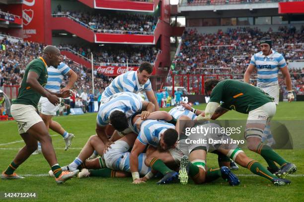 Tomas Cubelli of Argentina is tackled in a ruck as he attempts to score a try during a Rugby Championship match between Argentina Pumas and South...