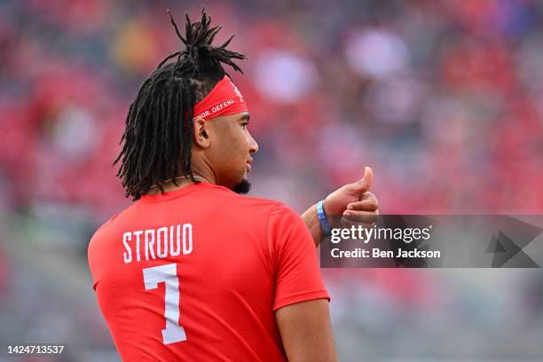 Stroud of the Ohio State Buckeyes warms up prior to a game against the Toledo Rockets at Ohio Stadium on September 17, 2022 in Columbus, Ohio.