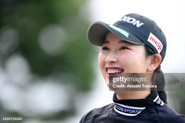 Sakura Koiwai of Japan smiles on the 1st tee during the final round of Sumitomo Life Vitality Ladies Tokai Classic at Shin Minami Aichi Country Club...