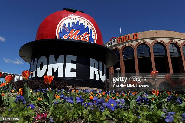 General exterior view of the Mets' Home Run Big Apple outside the stadium prior to the New York Mets hosting the Atlanta Braves during their Opening...