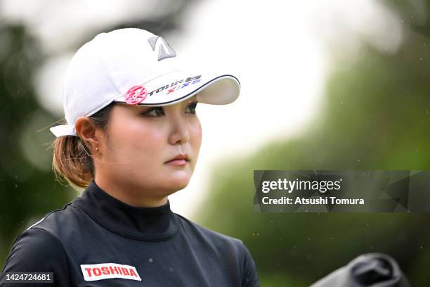 Sayaka Takahashi of Japan is seen on the 1st tee during the final round of Sumitomo Life Vitality Ladies Tokai Classic at Shin Minami Aichi Country...