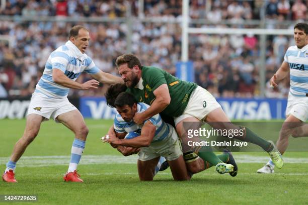 Matias Orlando of Argentina is tackled during a Rugby Championship match between Argentina Pumas and South Africa Springboks at Estadio Libertadores...