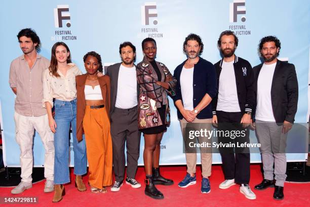 Guest, Clara Botte, Malyka R. Johany, Nathan Dunglas, Annabelle Lengronne, Bastien Bernini, Amaury de Crayencour and Vincent Heneine attend the...