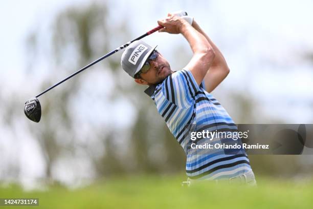 Scott Harrington of the United States hits his tee shot on the first hole during the third round of the Fortinet Championship at Silverado Resort and...