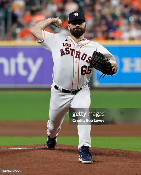 Jose Urquidy of the Houston Astros pitches in the first inning against the Oakland Athletics at Minute Maid Park on September 17, 2022 in Houston,...