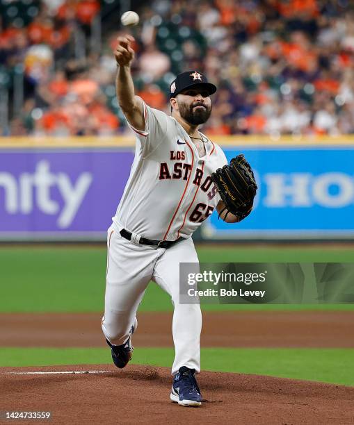 Jose Urquidy of the Houston Astros pitches in the first inning against the Oakland Athletics at Minute Maid Park on September 17, 2022 in Houston,...