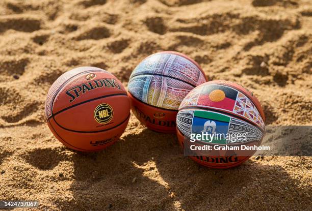 Basketballs painted by Artist William Hewitt are seen during an NBL media opportunity ahead of the 2022-23 season at Darwin Waterfront on September...