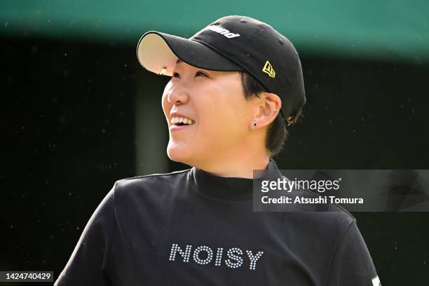 Jiyai Shin of South Korea smiles on the 1st tee during the final round of Sumitomo Life Vitality Ladies Tokai Classic at Shin Minami Aichi Country...