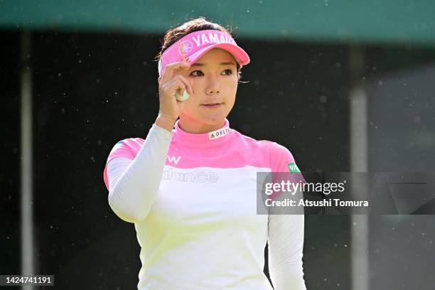 Chie Arimura of Japan is seen on the 1st tee during the final round of Sumitomo Life Vitality Ladies Tokai Classic at Shin Minami Aichi Country Club...