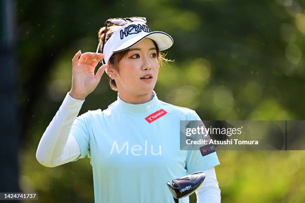 Nanoko Hayashi of Japan reacts after her tee shot on the 1st hole during the final round of Sumitomo Life Vitality Ladies Tokai Classic at Shin...