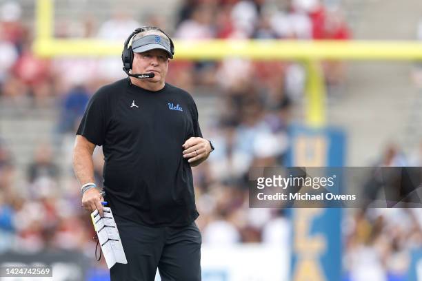 Head coach Chip Kelly of the UCLA Bruins looks on during a game against the South Alabama Jaguars in the first half at Rose Bowl on September 17,...